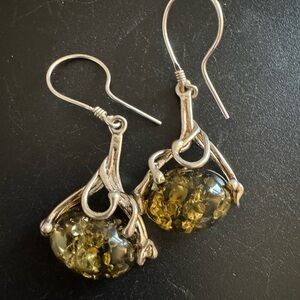 925 Sterling Silver Brutalist Green Amber Drop Earrings